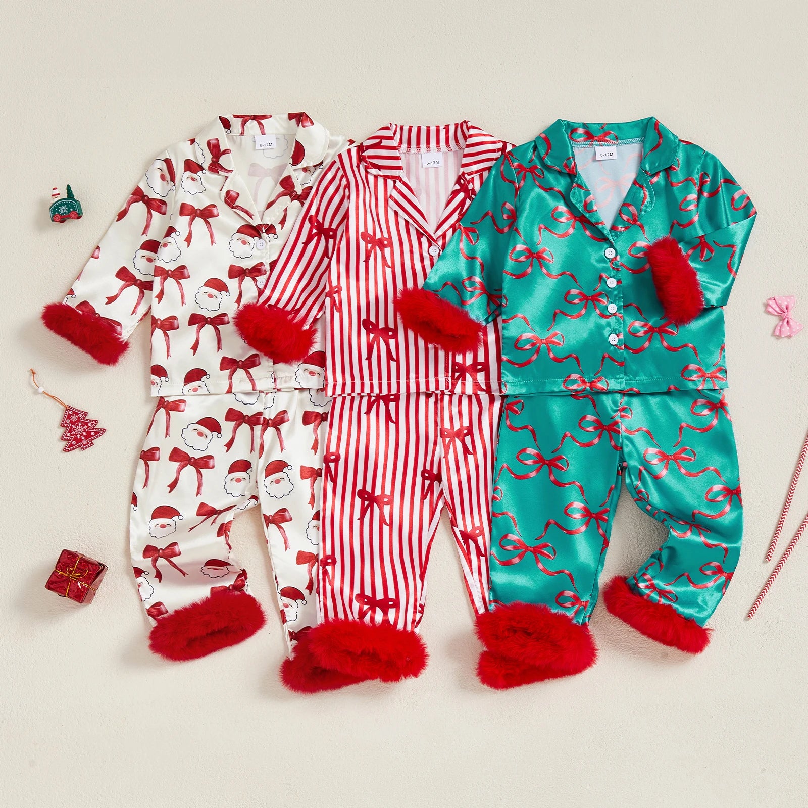 1-7T Baby Boy Girl Christmas Silk Pajamas Set Button Down Deer Santa Long Sleeve Shirts Tops and Pants Satin Pj Sets
