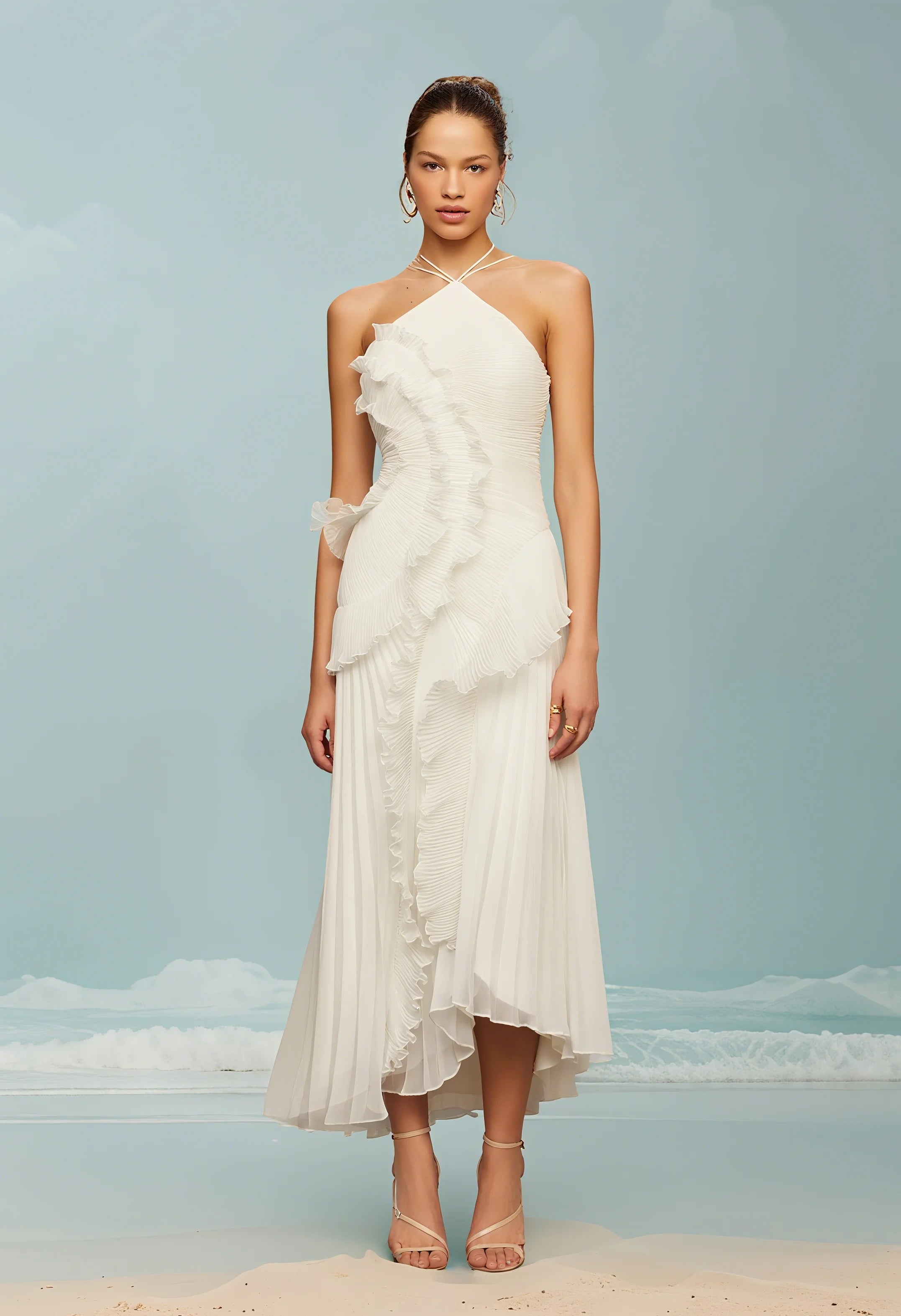 Elegant Neck Strap Ruffles Evening Gown Solid Folds A Line Lace Up Backless Sexy Party Dress 2025 New Party  Vacation Y2k Robe