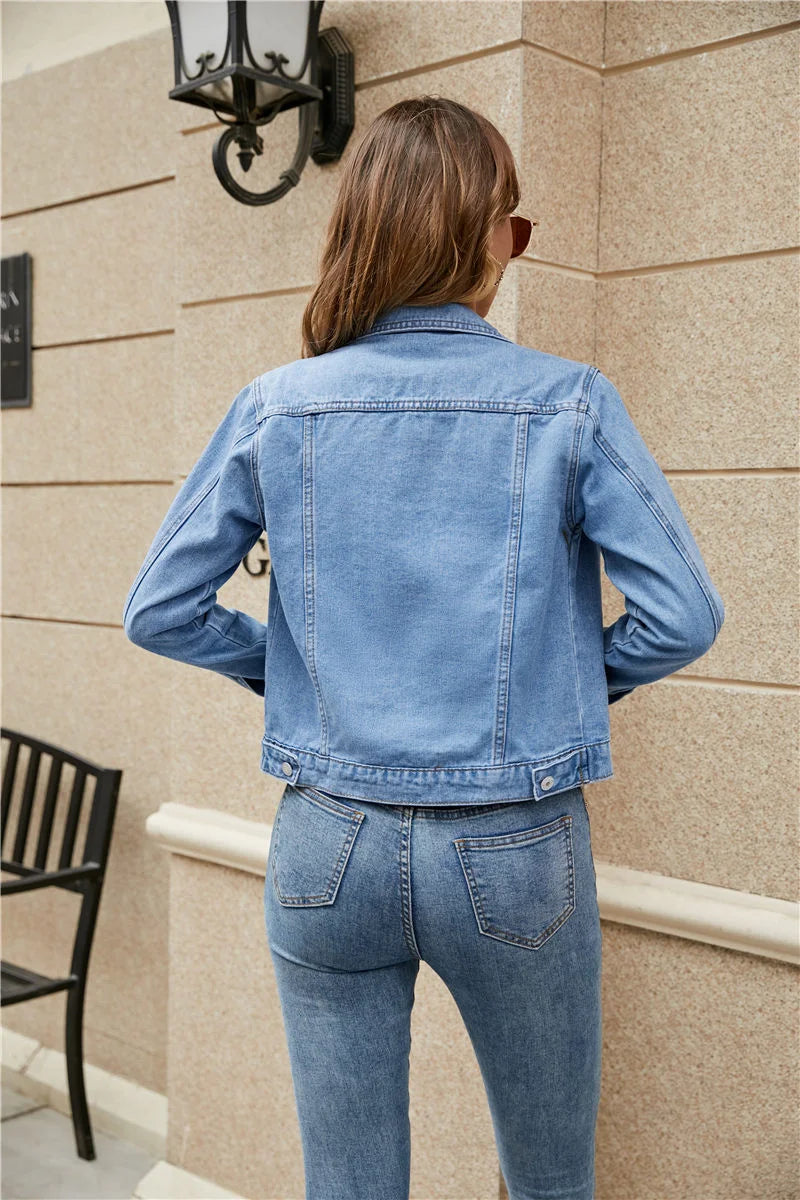 2023 Women's Short Denim Jackets Fashion Female Casual Long Sleeve Lapel Solid Button Pocket Slim Jean Jacket Fall Winter Coat