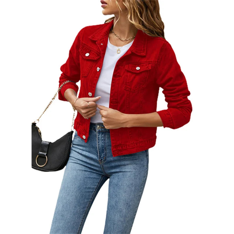 2023 Women's Short Denim Jackets Fashion Female Casual Long Sleeve Lapel Solid Button Pocket Slim Jean Jacket Fall Winter Coat