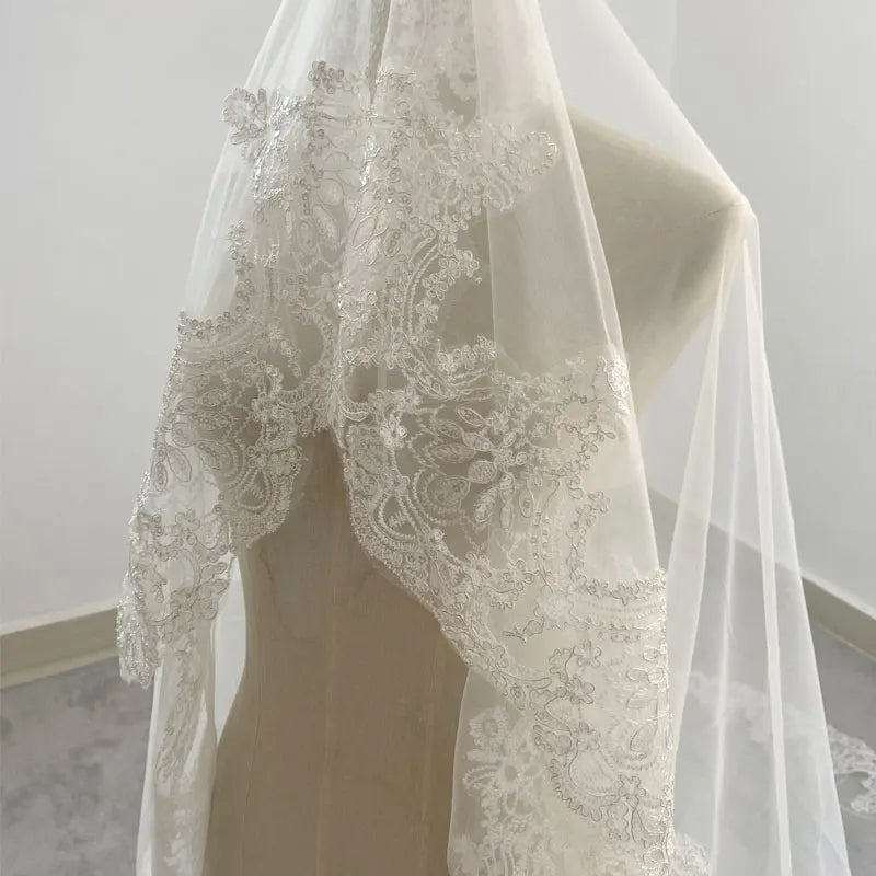 Real Photos White/Ivory Cathedral Wedding Veil 3M One Layer Lace Beads Mantilla Bridal Veils Wedding Accessories Veu De Noiva