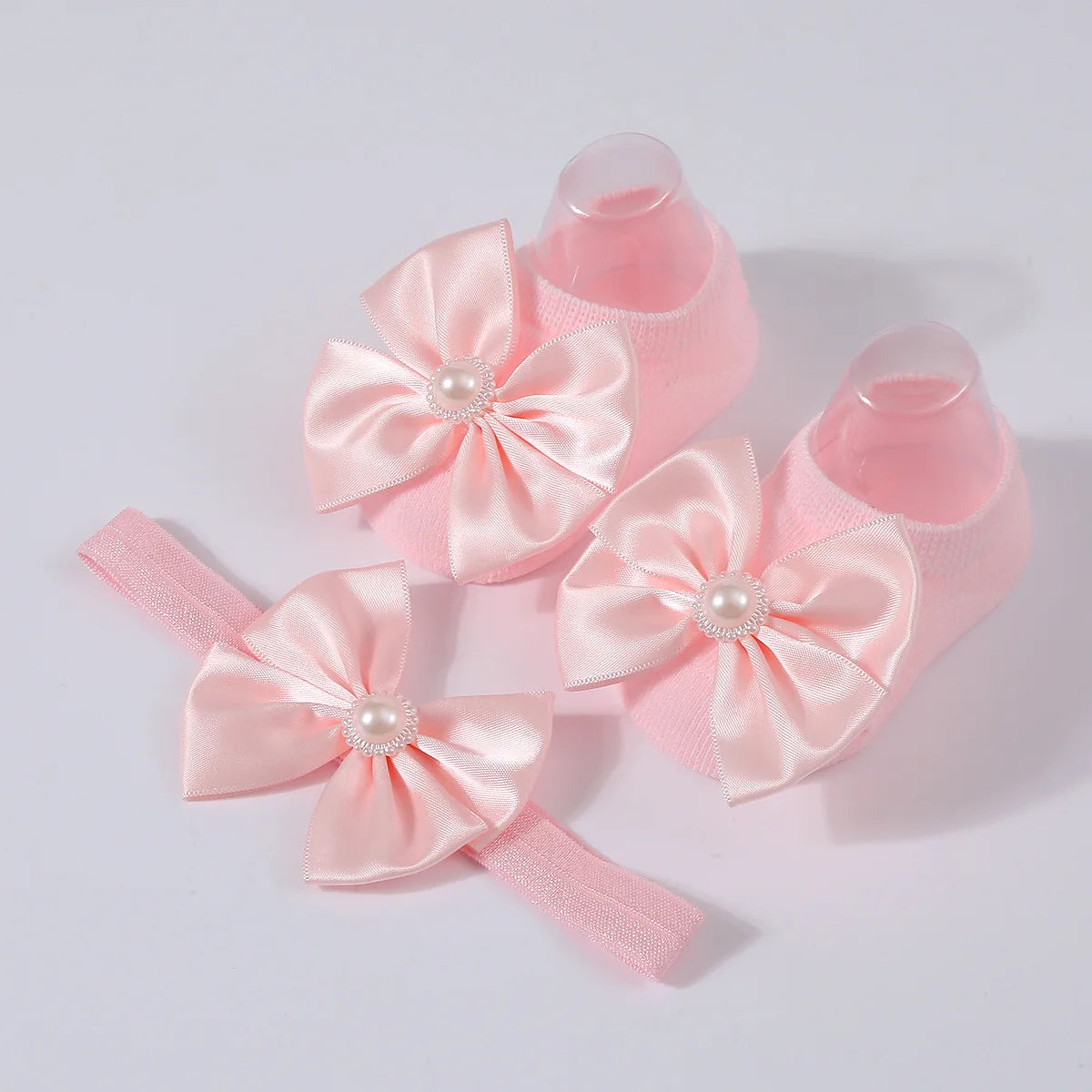 1Set New Baby Pearl Bowknot Headbands Socks Newborn Toddler Soft Prewalker Sock Girl Infant Cute Knitted Cotton Hairband Socks