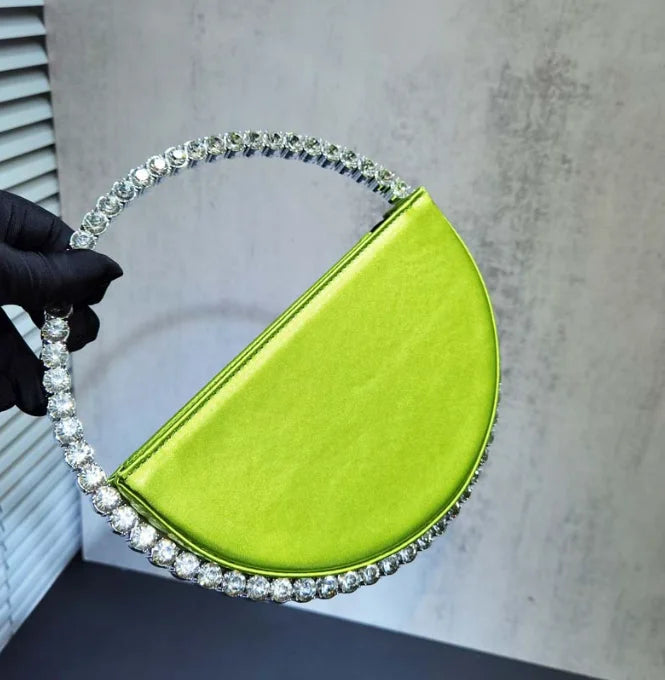 Lady Blue/Pink Diamond Circular Evening Bag Women Fushia Round Handle Rhinestone Dinner Clutch Purse Ladies Half Moon Handbags