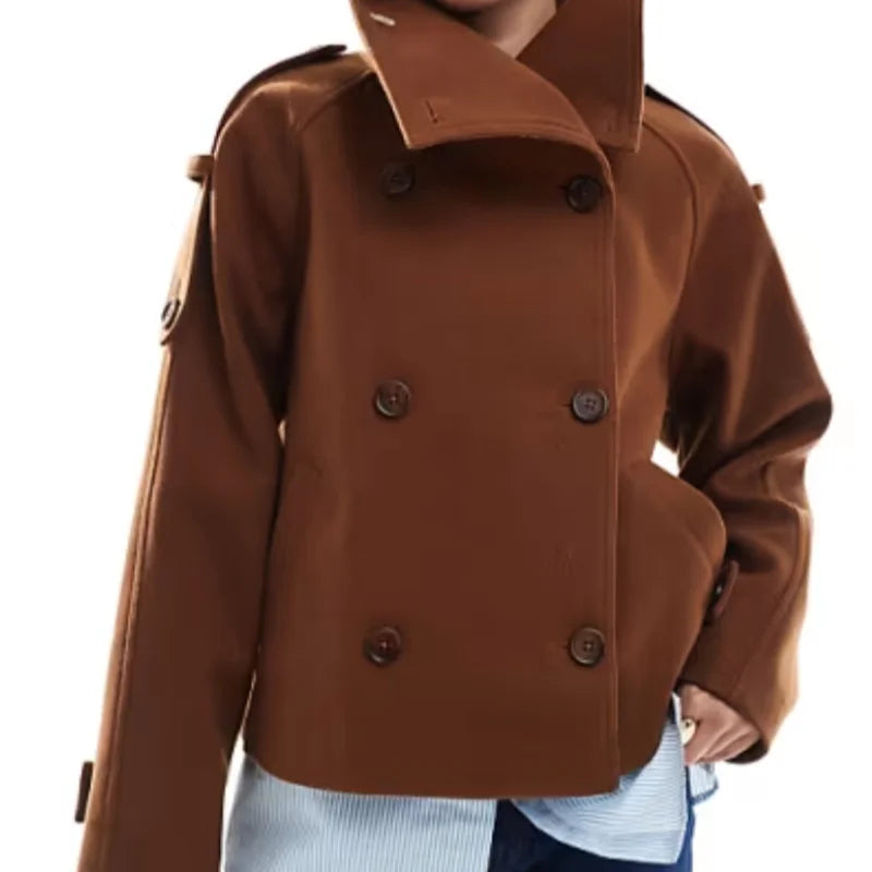 Elegant Women's Short Woolen Coats Stand Collar Double Breasted Long Sleeve Female Jacket 2025 Autumn Winter Lady Warm Outwear
