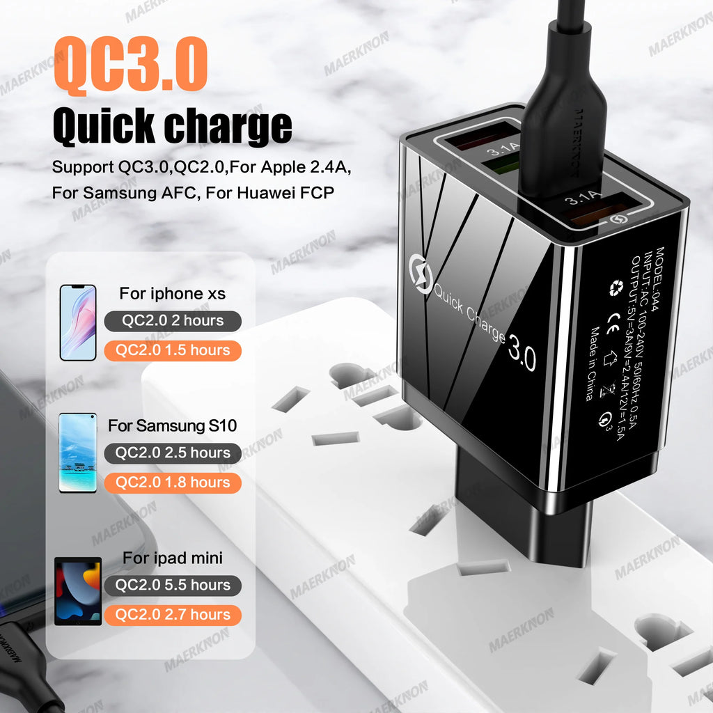 3A USB Charger 4 Ports USB Quick Charge 3.0 EU US Plug For iPhone Samsung Xiaomi Poco Fast Charging Mobile Phone Charger Adapter