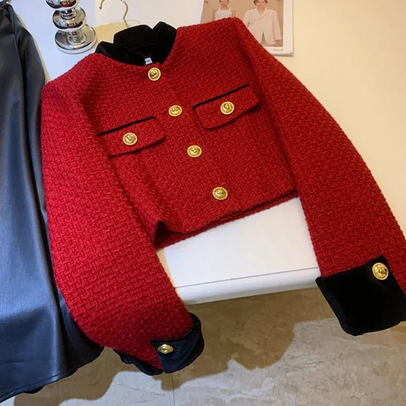 Fashion Stitching Tweed Short Jacket Women Autumn Winter Elegant Office Lady Coat Y2K Korean O Neck Single Breasted Crop Outwear