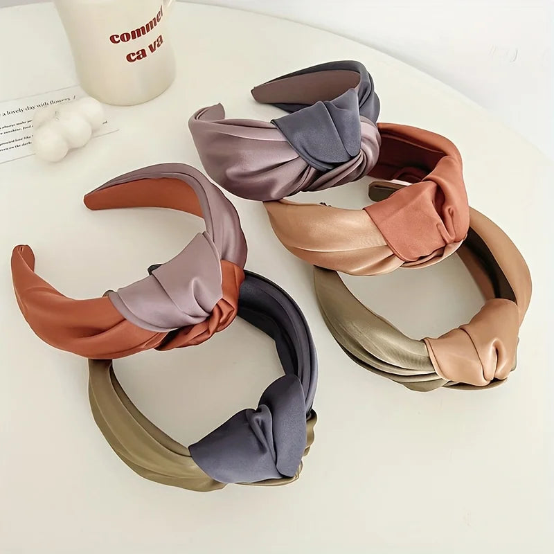 New Women Headband Wide Side Center Knotted Hair Accessories Temperament Satin Patchwork Color Hairband Girls Turban Headbands