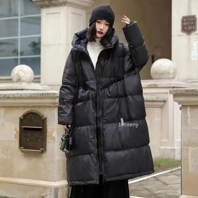 Janveny Women 90% White Duck Down Jacket With Hooded Loose Oversize Long Puffer Coat Autumn Winter Warm Outwear Female Parkas