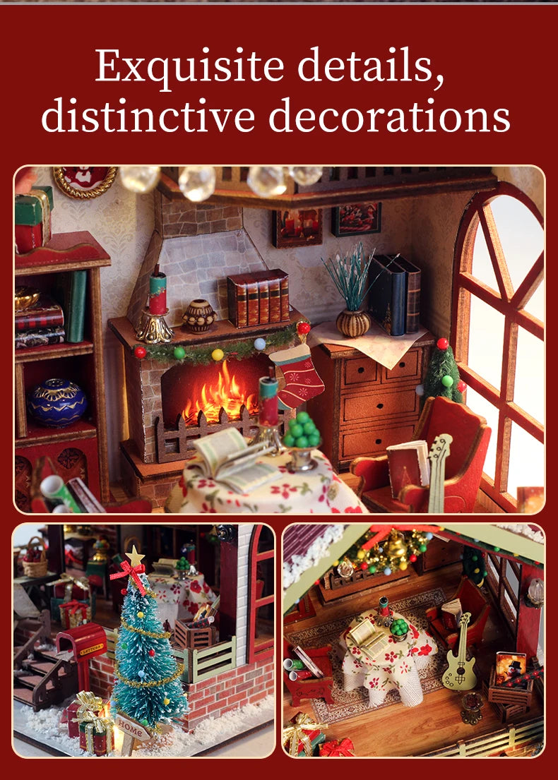 Christmas Night Warm House - Miniature Dollhouse DIY Kit with Music Box, Desktop Decor, Creative Gift (English Color Box)