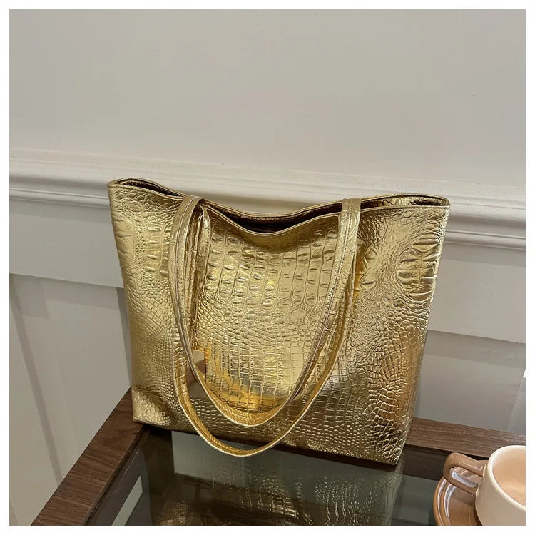 Fashion Casual Women Shoulder Bags Silver Gold Black Crocodile Handbag PU Leather Female Big Tote Bag Ladies Shopping Bag