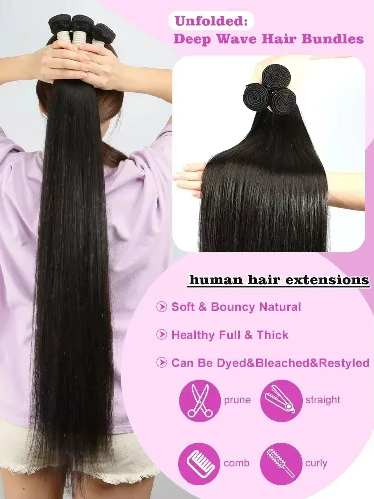30 32 Inch Bone Straight Bundle Human Hair Unprocessed Raw Remy Hair 3 4 Bundles Brazilian Extension Machine Double Weft