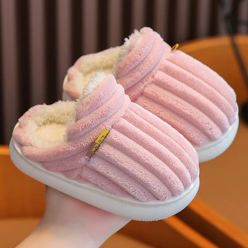 Winter children's cotton slippers for boys and girls, anti slip and warm bags, and parent-child fuzzy and plush home baby cotton