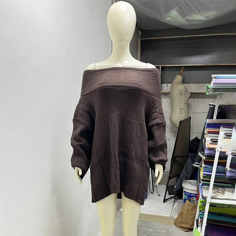 Tuularose Women's Off-Shoulder Sweater Fashion Loose Casual Brown Retro Pullover Spring High Street Office Lady Tops Knitwear