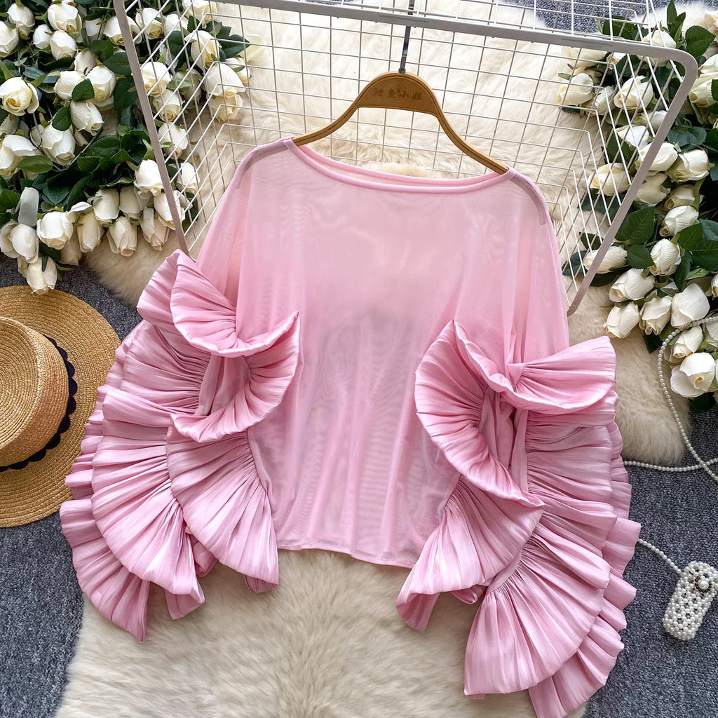 SINGREINY Autumn Ruffles Party Blouses Female O Neck Long Sleeves Temperament Mesh Shirts Women Senior Sheer Loose Thin Tops