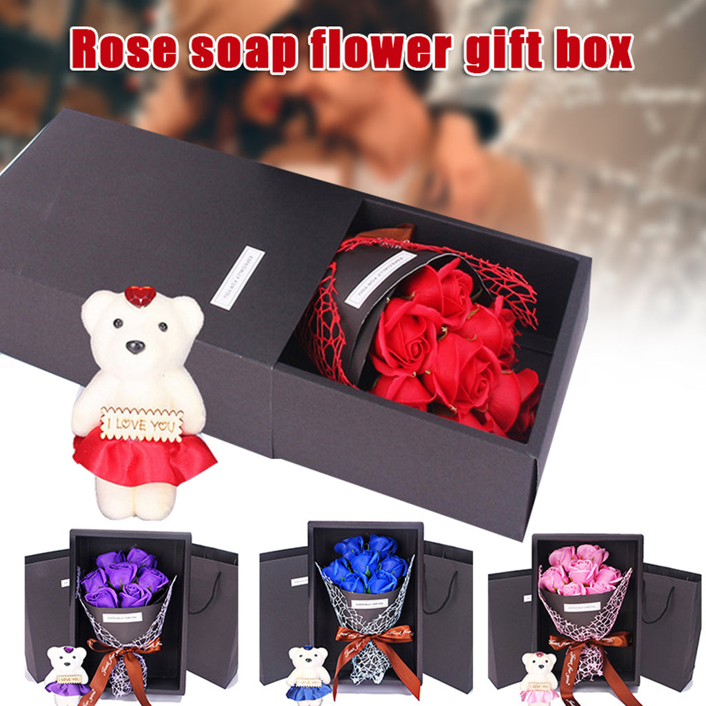 Valentine's Day Artificial Flowers 7 Rose Soap Bouquet Gift Box Teddy Bear Flower Creative Valentine's Day Gift Home Decor