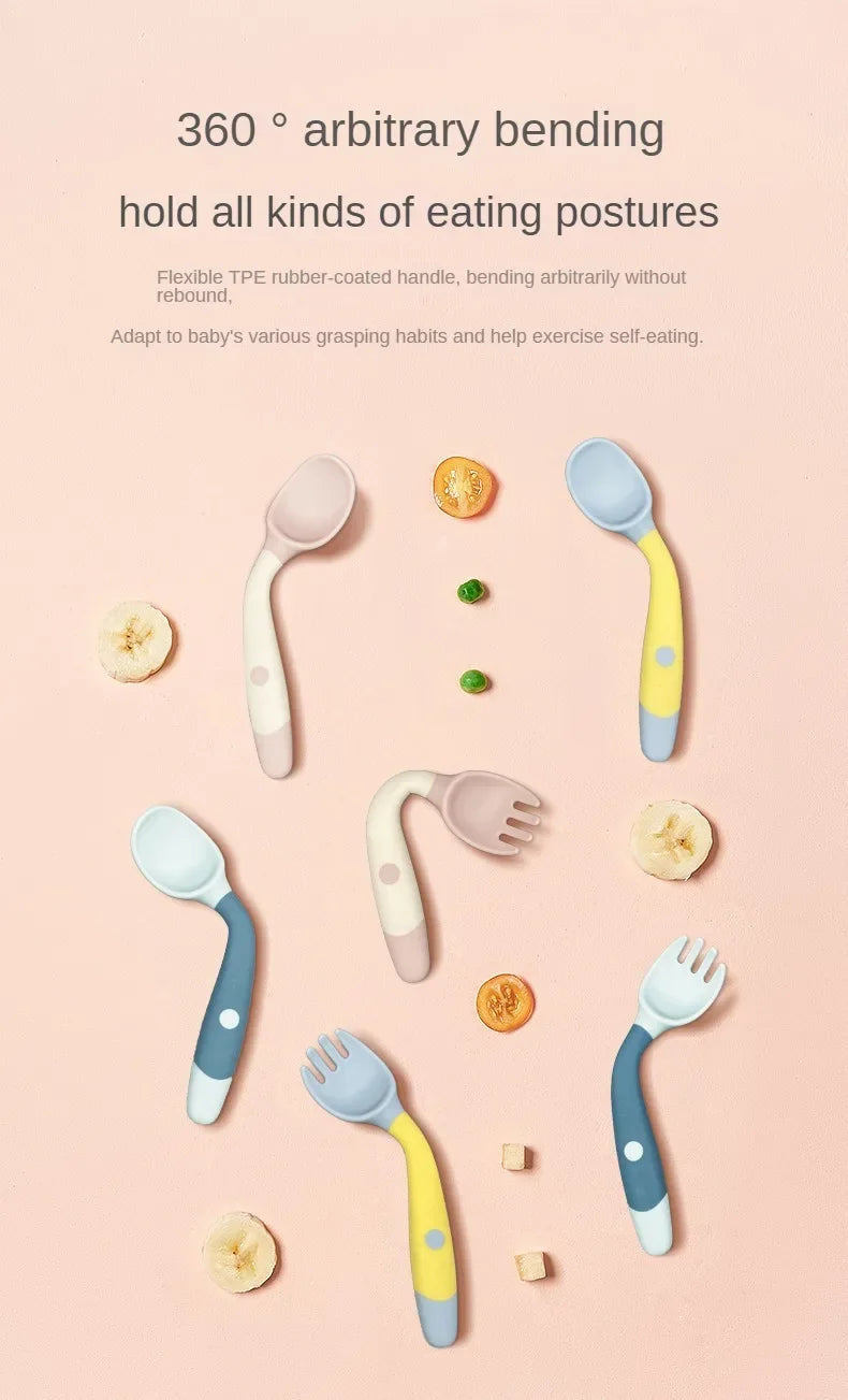 Baby Children Spoon Fork Set Soft Bendable Silicone Scoop Fork Kit Tableware Toddler Training Feeding Cutlery Utensils Tableware