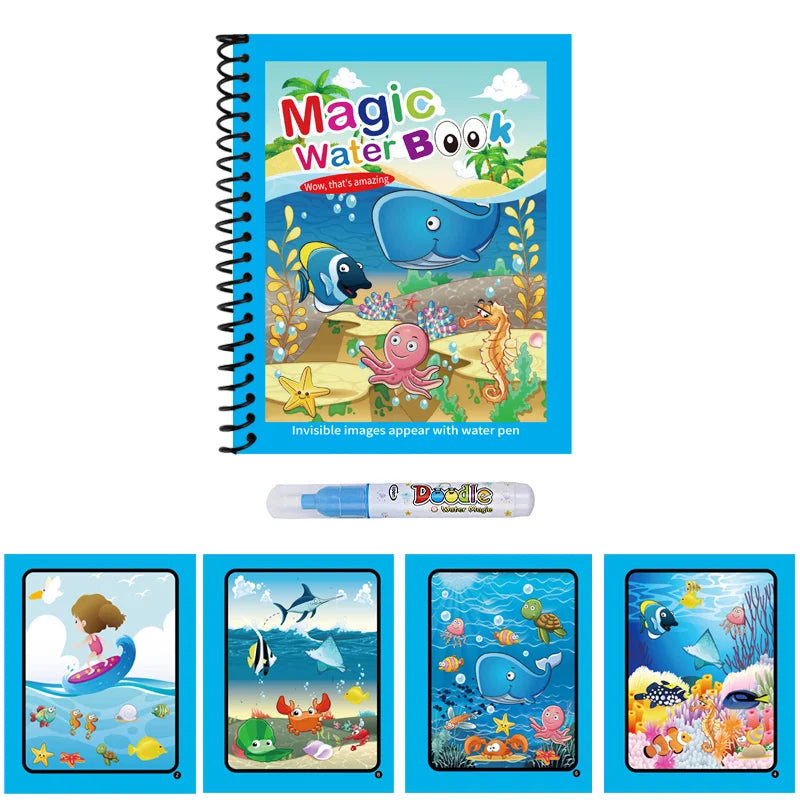 1pc Reusable Kids Magic Water Drawing Books with Pen Repeated Coloring Book Magic Water Drawing Book Sensory Early Education Toy
