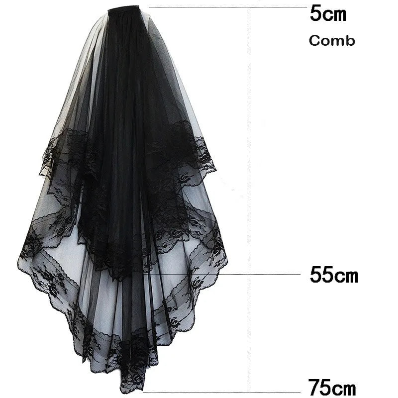 Women Halloween Bridal Wedding Veil with Lace Edge Marriage 2 Tier Tulle Bridal Veils