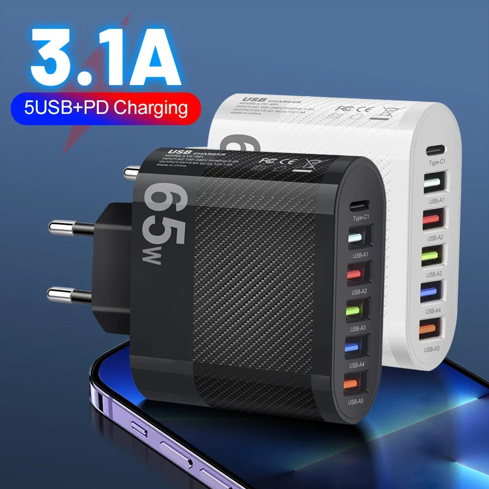 3.1A 5 Ports USB Charger PD Fast Charging Adapter For iPhone Xiaomi Samsung Mobile Phone EU/US/UK Plug Charge QC3.0 Wall Charger