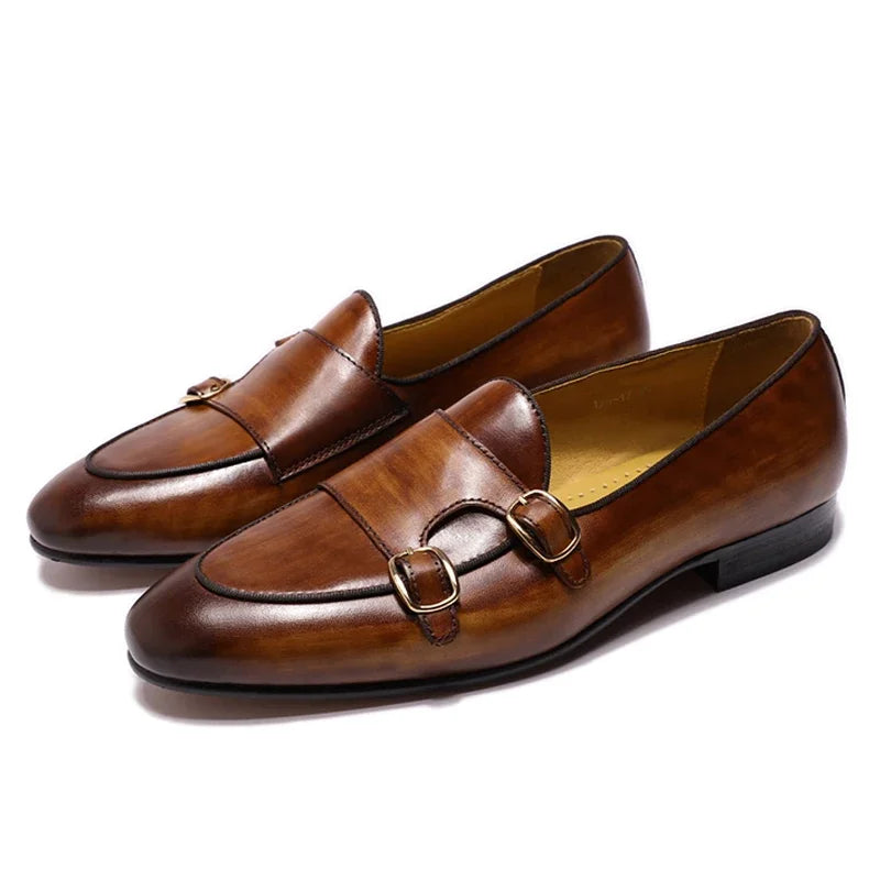 FELIX CHU Men's Genuine Leather Loafers Handmade Monk Strap Casual Dress Shoes for Wedding Party Summer Autumn Footwear