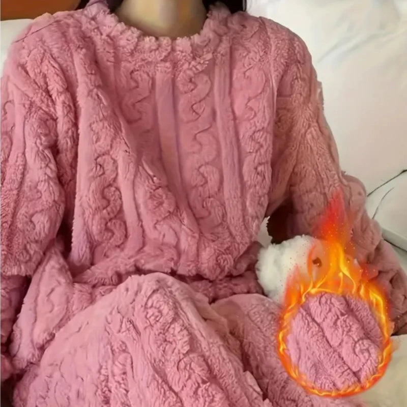 Soft Coral Velvet Jacquard Warm Pajama Set for Women Cozy Loungewear Outerwear for Winter Christmas Valentine's Day Gift ﻿