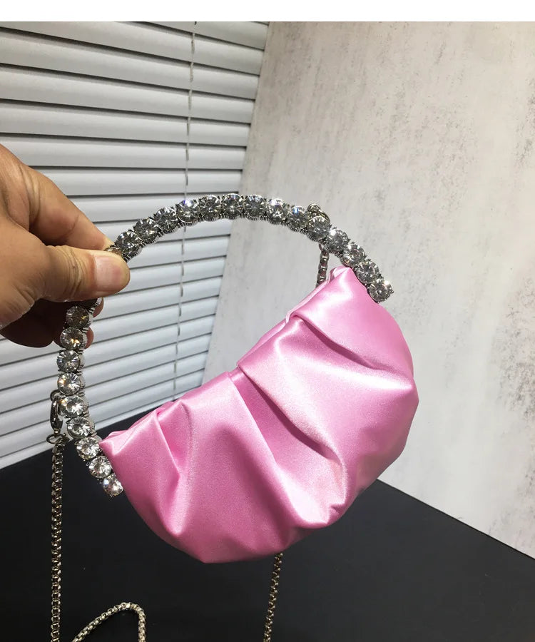 Lady Blue/Pink Diamond Circular Evening Bag Women Fushia Round Handle Rhinestone Dinner Clutch Purse Ladies Half Moon Handbags