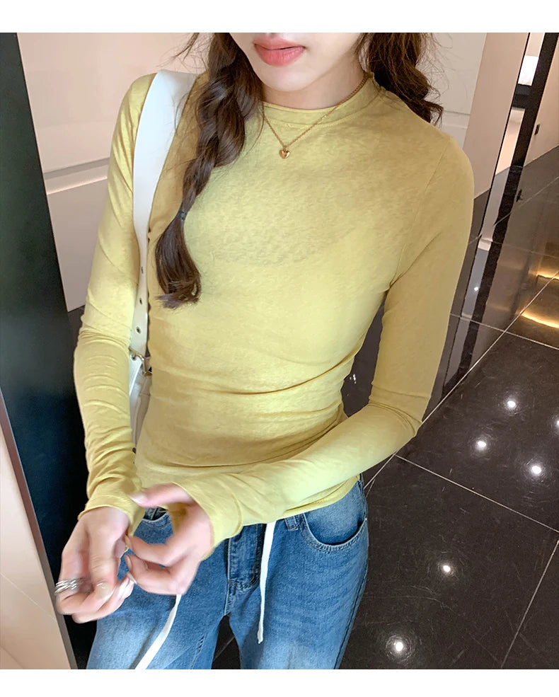 2025 Spring Autumn T shirt Women Tops Solid Slim Fit Long Sleeve O Neck Tshirts Female Casual Streetwear High Quality Base Tees