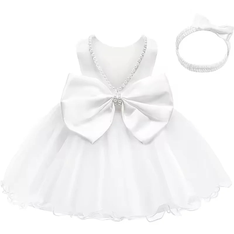 Baby Dresses For 1st Birthday Girls Party Dresses with Headwear Bowknot Toddler Girl Princess Dress Backless Kids Wedding Dress