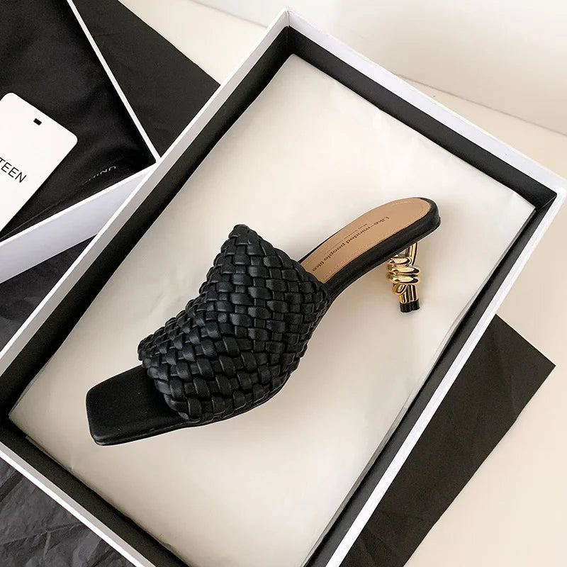 Summer Sandals Women Concise Style Slippers Weave Sandals for Girls Sexy Kitten Heel Elegant Dress Party Wedding  Sandalias