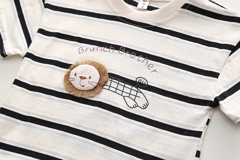 Boys Striped Casual Outfit Round Neck T-shirt & Shorts Kids Summer Clothes Sets