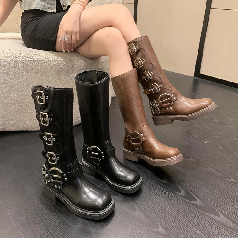 Woman Boots Knee High Platform Elegant Low Heel Trend Punk Gothic New Rock Leather Fashion Women's Shoes Motorcycle Footwear