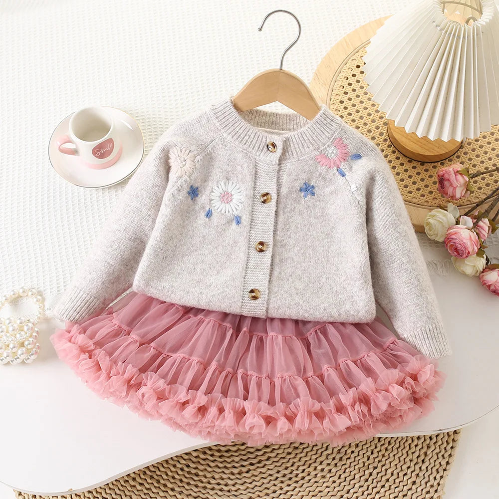 2-7Y Girl's Sweaters Single Breast Kids Knit Cardigans Flower Embroidery Baby Girl Knitwear Spring Autumn Children Outfit