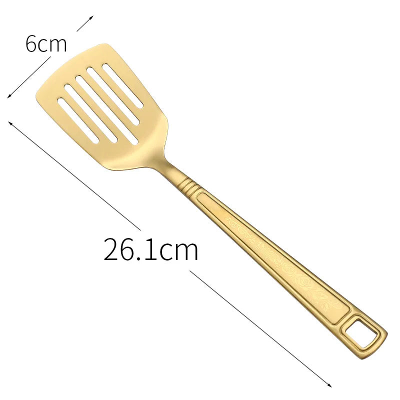 Stainless Steel Kitchen Gold Cooking Utensils Hollow Shovel Spatula Large Salad Spoon Fork Stirring Serving Tableware