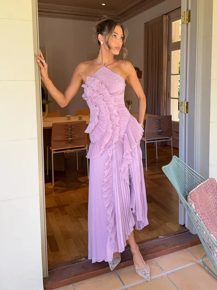 Elegant Neck Strap Ruffles Evening Gown Solid Folds A Line Lace Up Backless Sexy Party Dress 2025 New Party  Vacation Y2k Robe