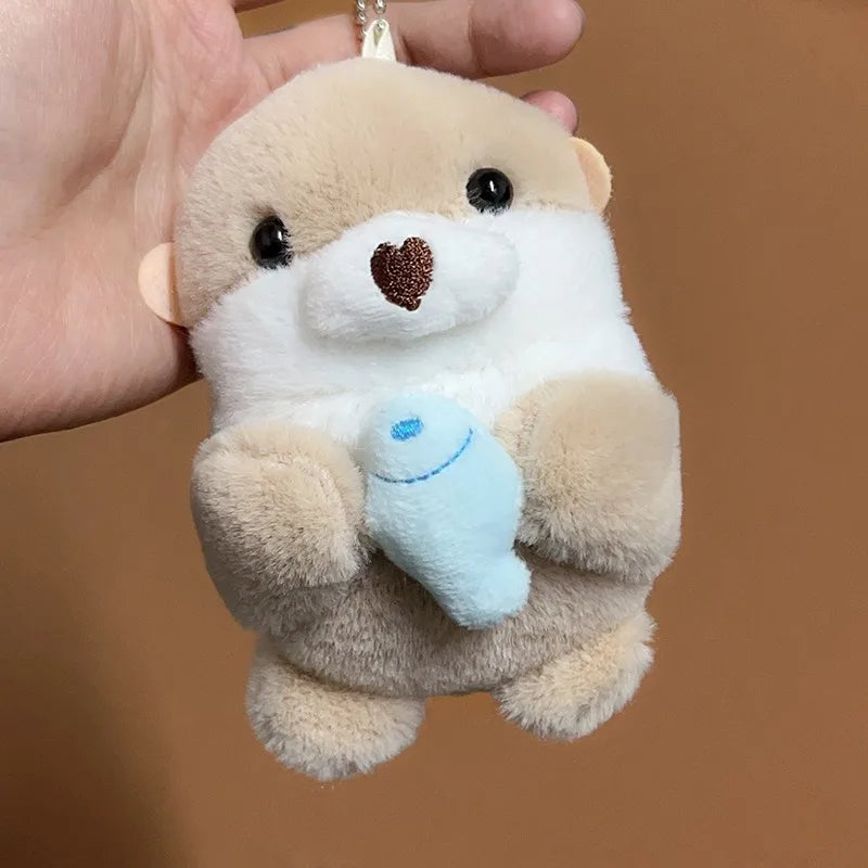 Cute Otters Holding Fish Plush Doll Keyrings Lightweight Hanging Pendant Props For School Bag Key Wallet Doll Toy Gifts 11cm