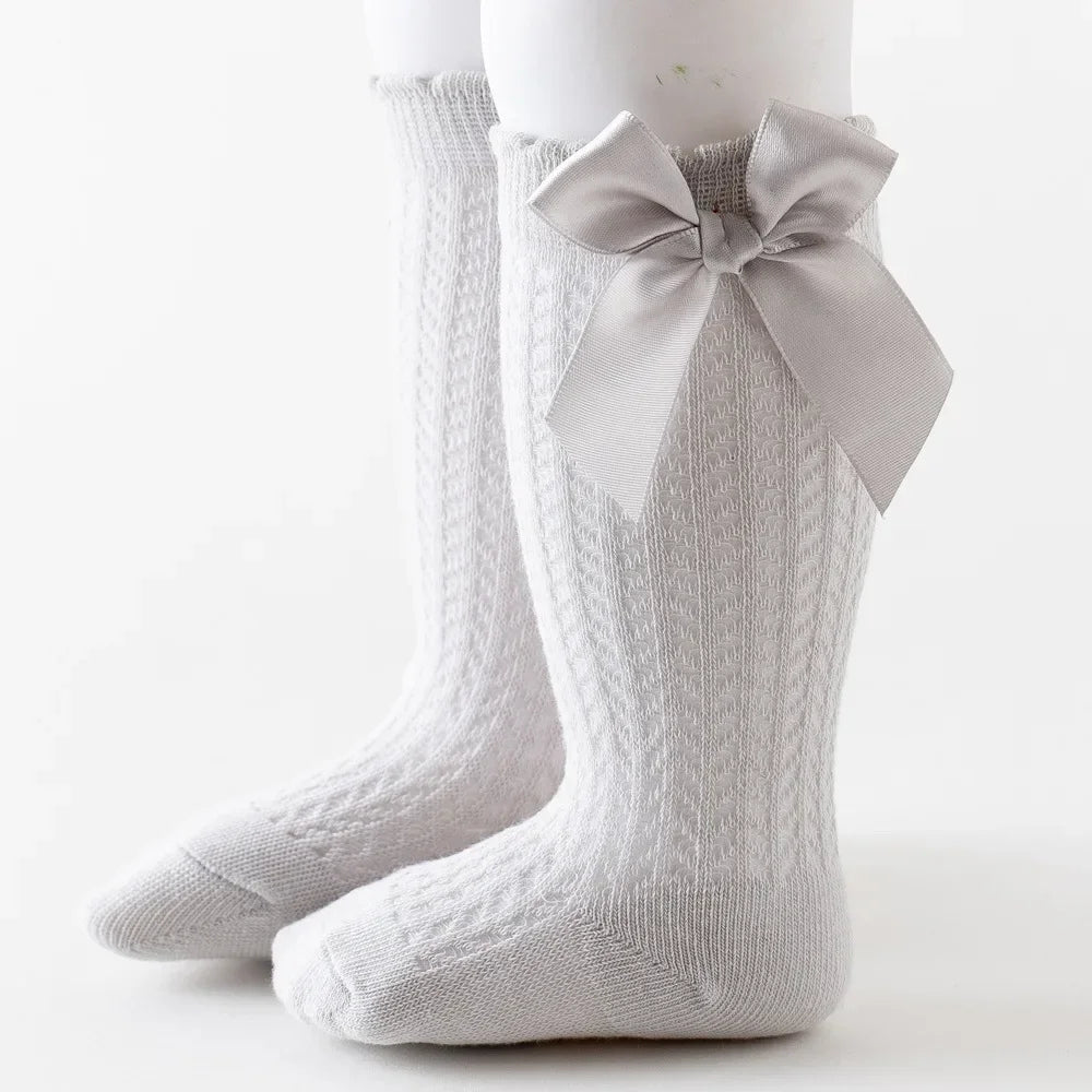 Simmer Spring Mesh Thin Cotton Korean Bow White Stockings Baby Princess Knee High Long Socks with Lace Ruffles for Newborn Girls