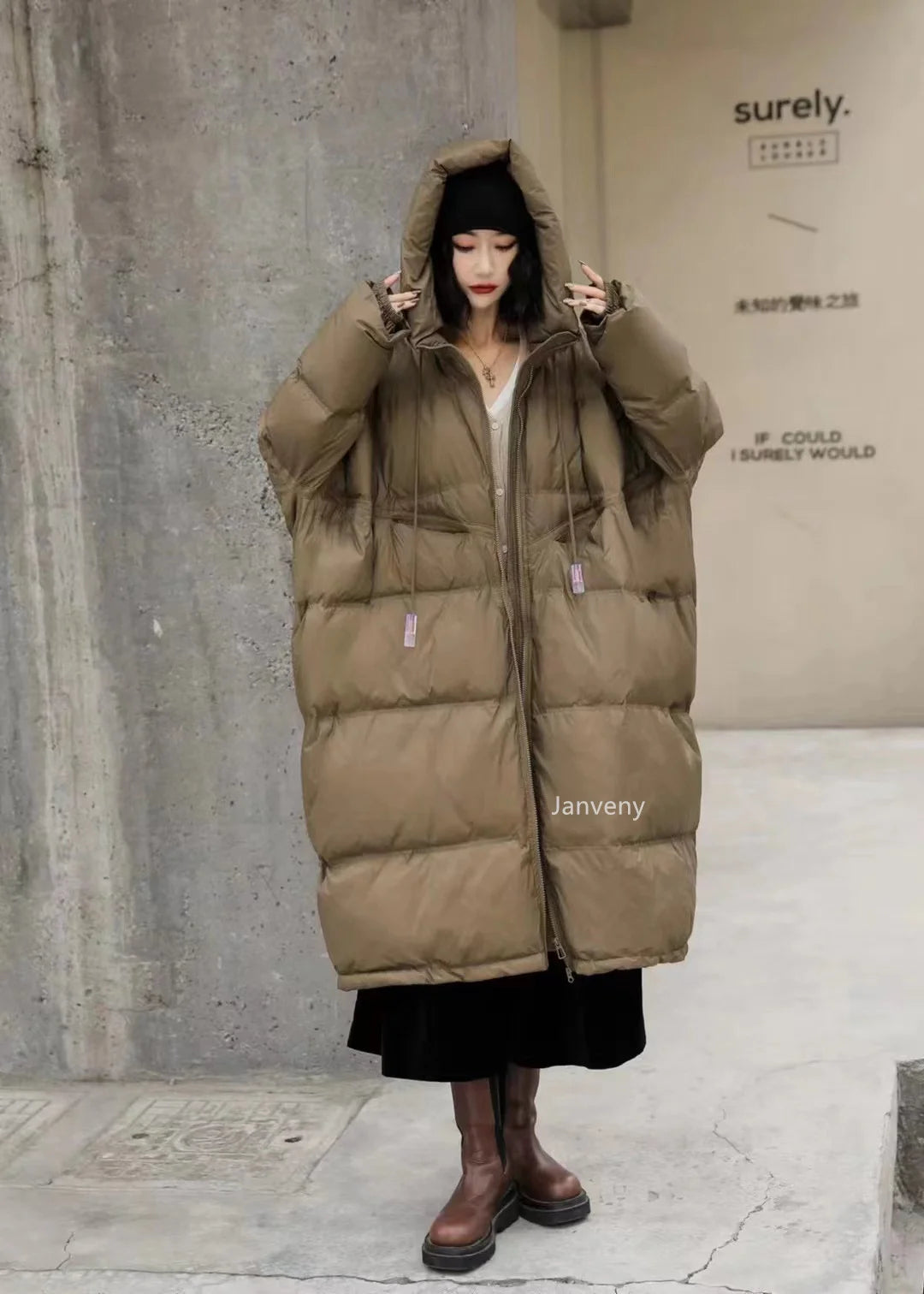 Janveny Women 90% White Duck Down Jacket With Hooded Loose Oversize Long Puffer Coat Autumn Winter Warm Outwear Female Parkas
