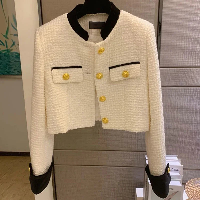 Fashion Stitching Tweed Short Jacket Women Autumn Winter Elegant Office Lady Coat Y2K Korean O Neck Single Breasted Crop Outwear