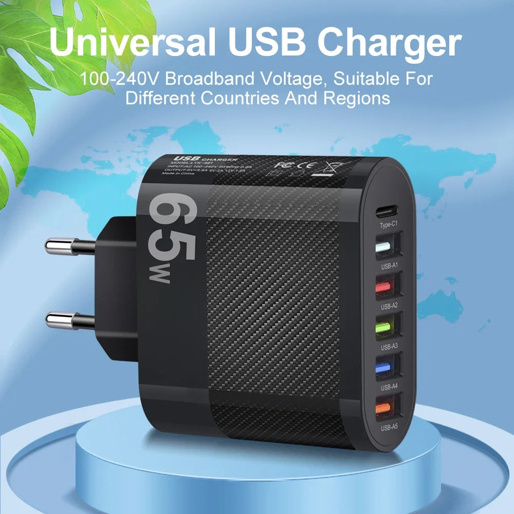 3.1A 5 Ports USB Charger PD Fast Charging Adapter For iPhone Xiaomi Samsung Mobile Phone EU/US/UK Plug Charge QC3.0 Wall Charger