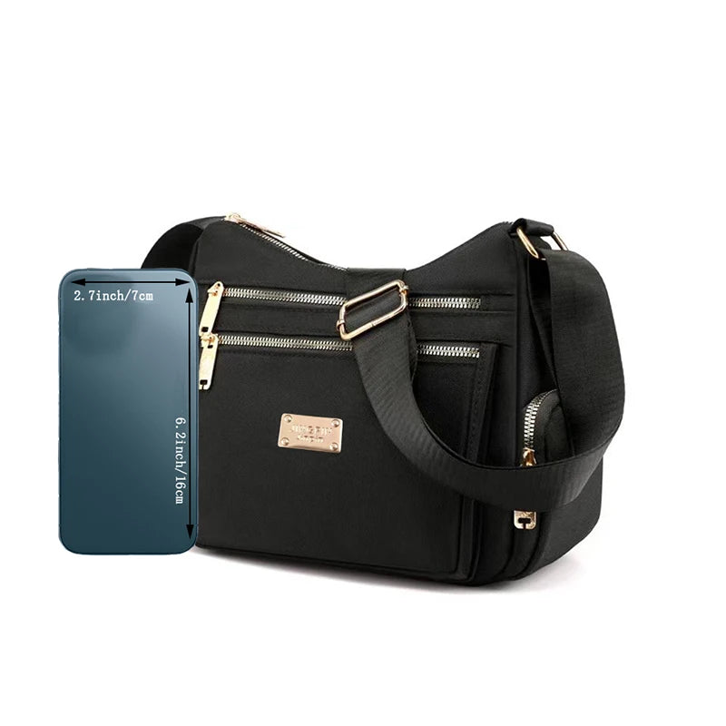 Women's handbag in various colors, multi-layered with zippers, can be worn diagonally or carried on the shoulder.