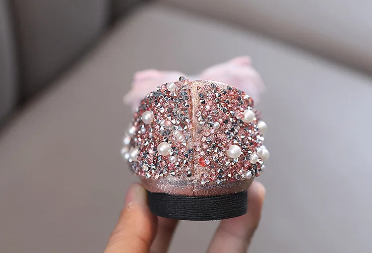Girls Princess Shoes Glitter Luxury Party Shallow Children Ballet Flats 21-36 Elastic Band Fashion Lace Bowknot Kids Dance Shoes