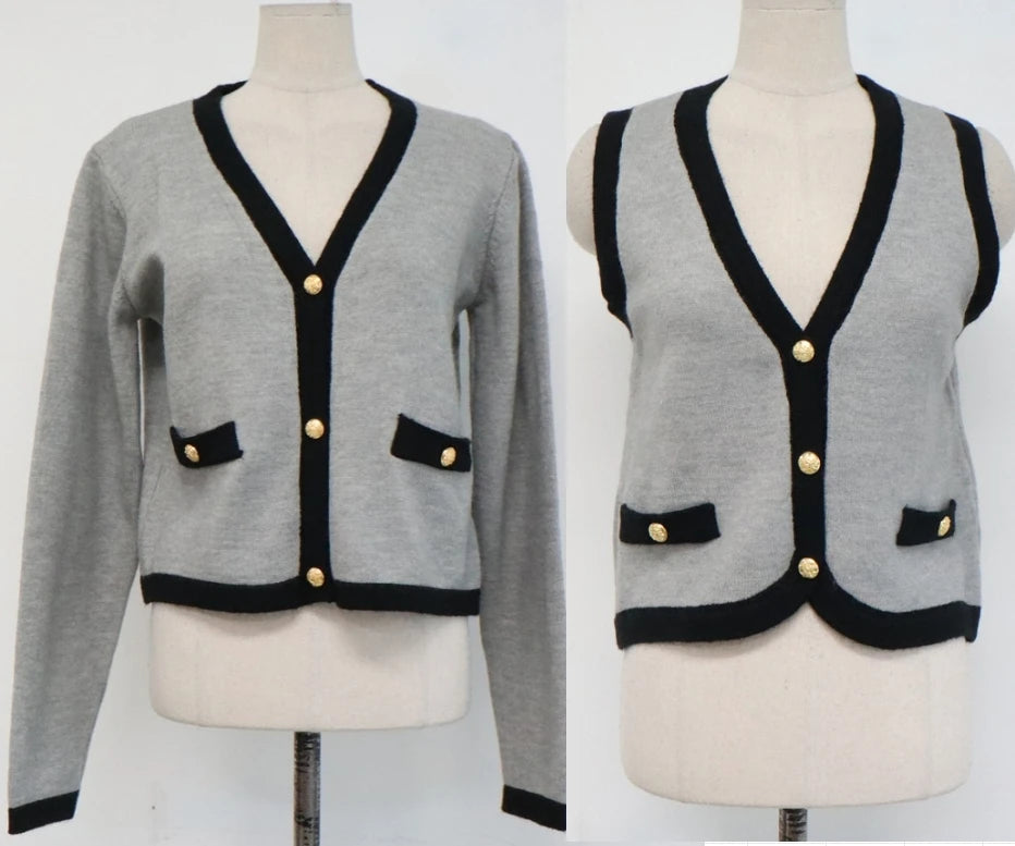 New High Quality Spring Knitted Long Sleeve V-neck Cardigan Coat + Sexy Short Camisole Crop Top Sweater Two Piece Sets Elegant