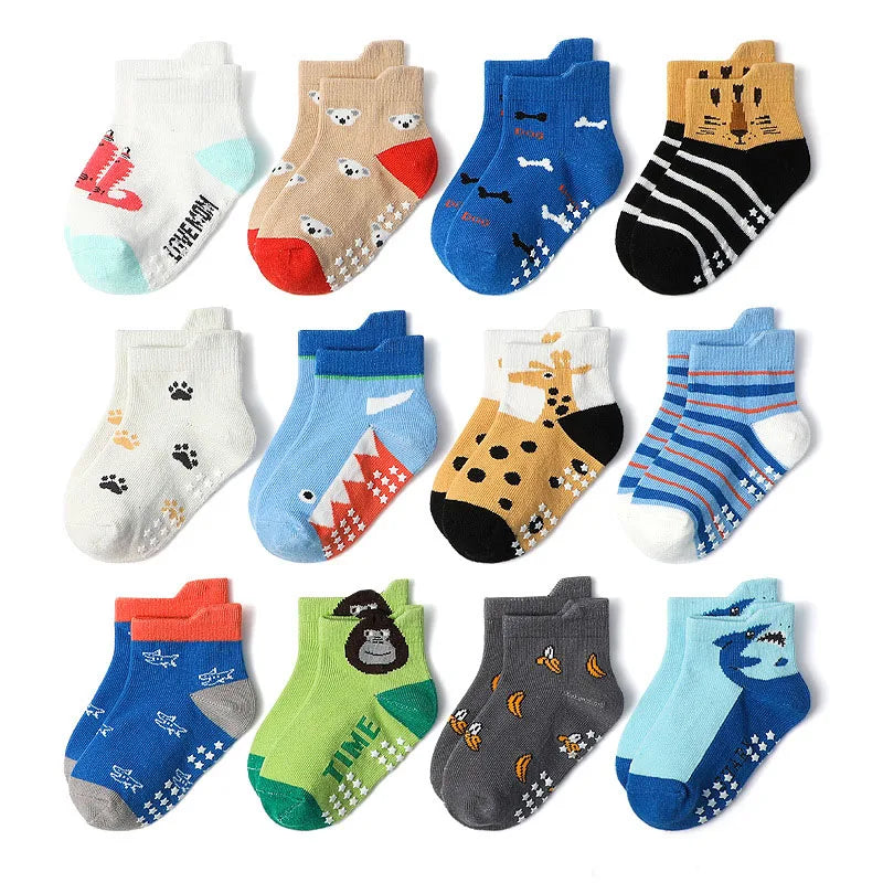 6 Pairs Kids Socks Cartoon Animal Pattern Cotton Non-Slip Floor Socks for Boys Toddler All-Season