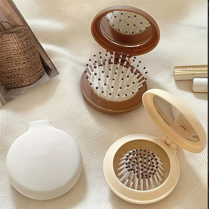 Mini Portable Folding Travel Hair Brush with Mirror for Women Lightweight Plastic Dual Fold Design for Outdoor Use Hand Washable