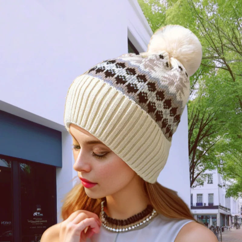 Hot Hairball Winter Cashmere Warm Windproof Woolen Hat Fashion Christmas Snowflake Warm Knit Hat Wool Thickened Cold Hat