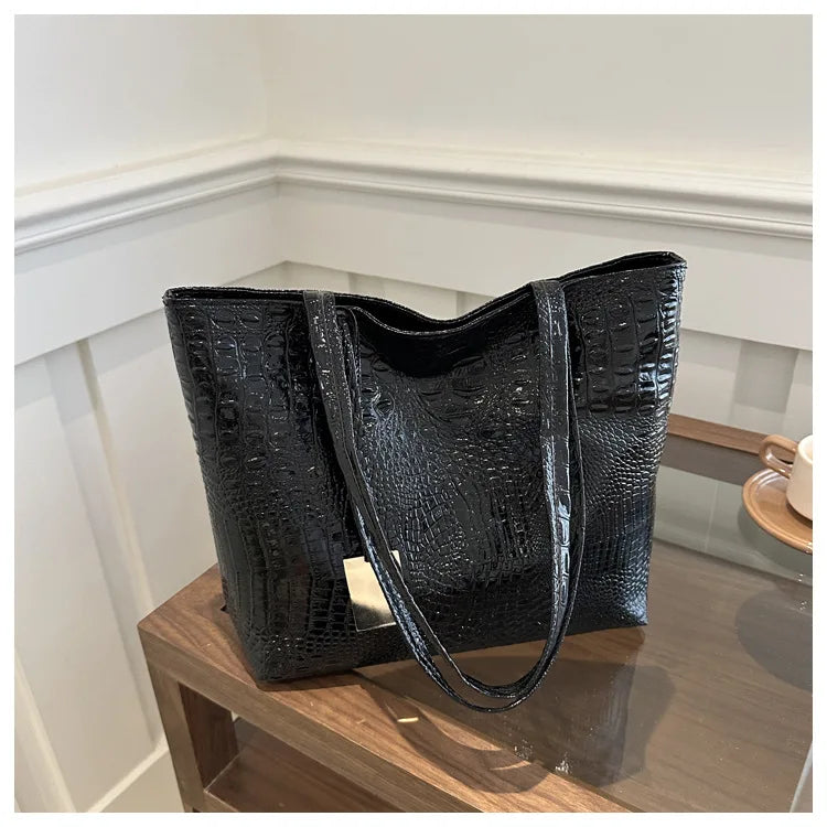Fashion Casual Women Shoulder Bags Silver Gold Black Crocodile Handbag PU Leather Female Big Tote Bag Ladies Shopping Bag