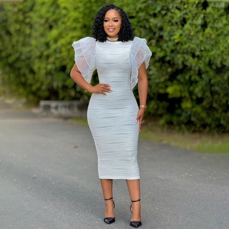 New African Fashion Women Dress O Neck Ruffle Sleeves Package Hips Bodycon Dress Office Lady Evening Birthday Party Vestidos