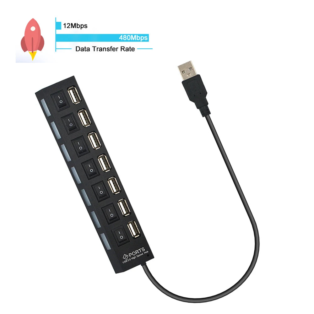 High Speed 4/7 Ports USB HUB 2.0 Adapter Expander Multi USB Splitter Multiple Extender with LED Lamp Switch for PC Laptop
