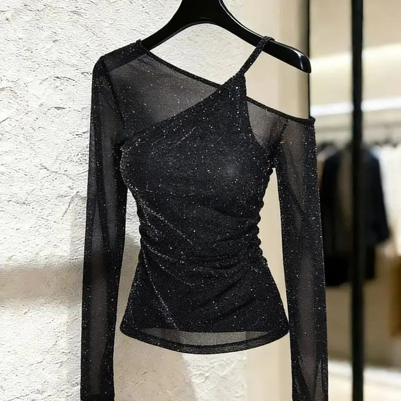 Fake Two-Piece Bling Sequin Tops Layered Tees Women Long Sleeve Off Shoulder T-Shirt Ladies Sexy Mesh Top Basic