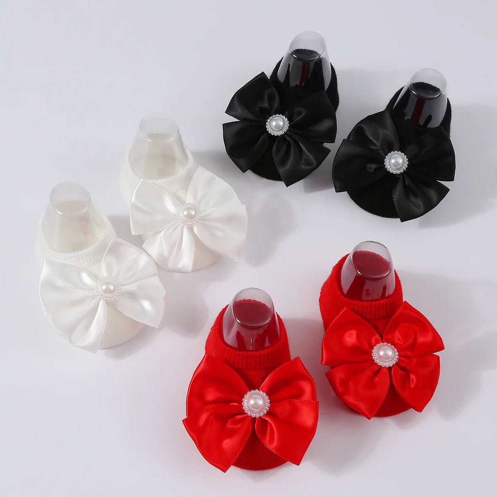1Set New Baby Pearl Bowknot Headbands Socks Newborn Toddler Soft Prewalker Sock Girl Infant Cute Knitted Cotton Hairband Socks